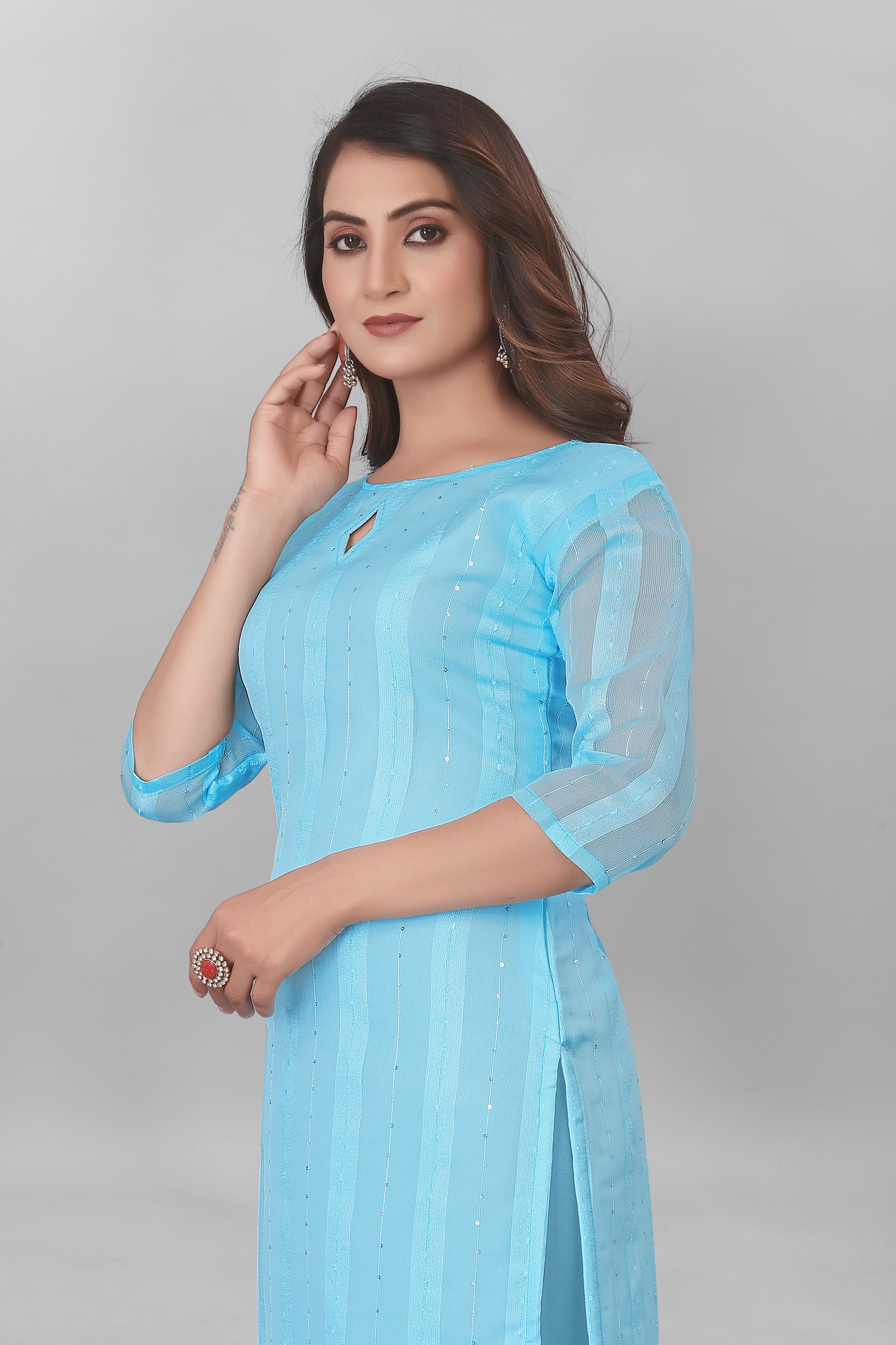 Striped Organza Straight Kurta