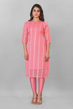 Women Solid Organza Ethnic Drees (Pink)