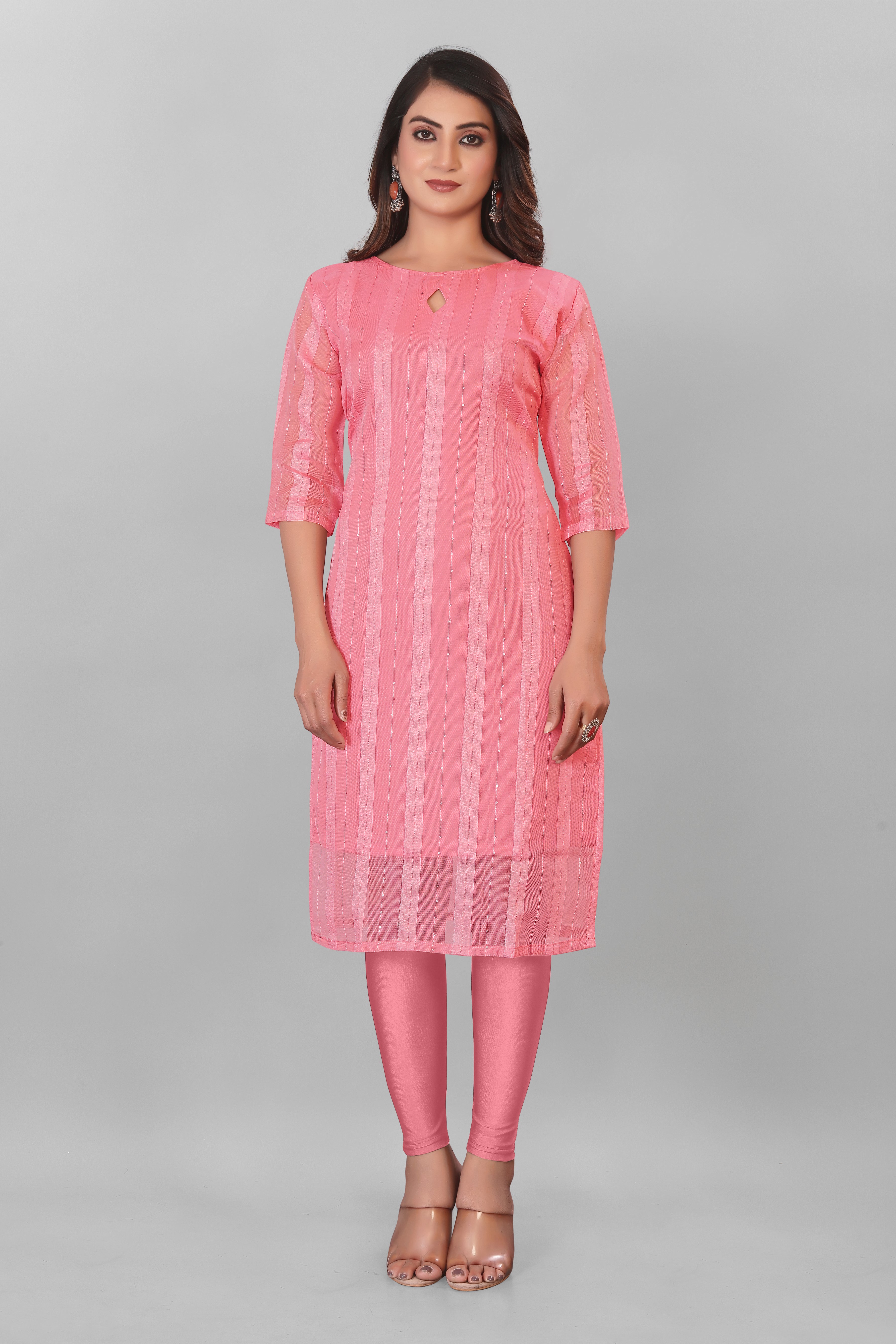 Women Solid Organza Ethnic Drees (Pink)