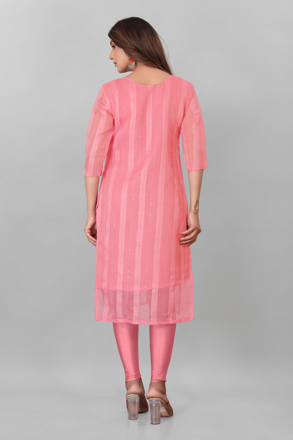 Women Solid Organza Ethnic Drees (Pink)