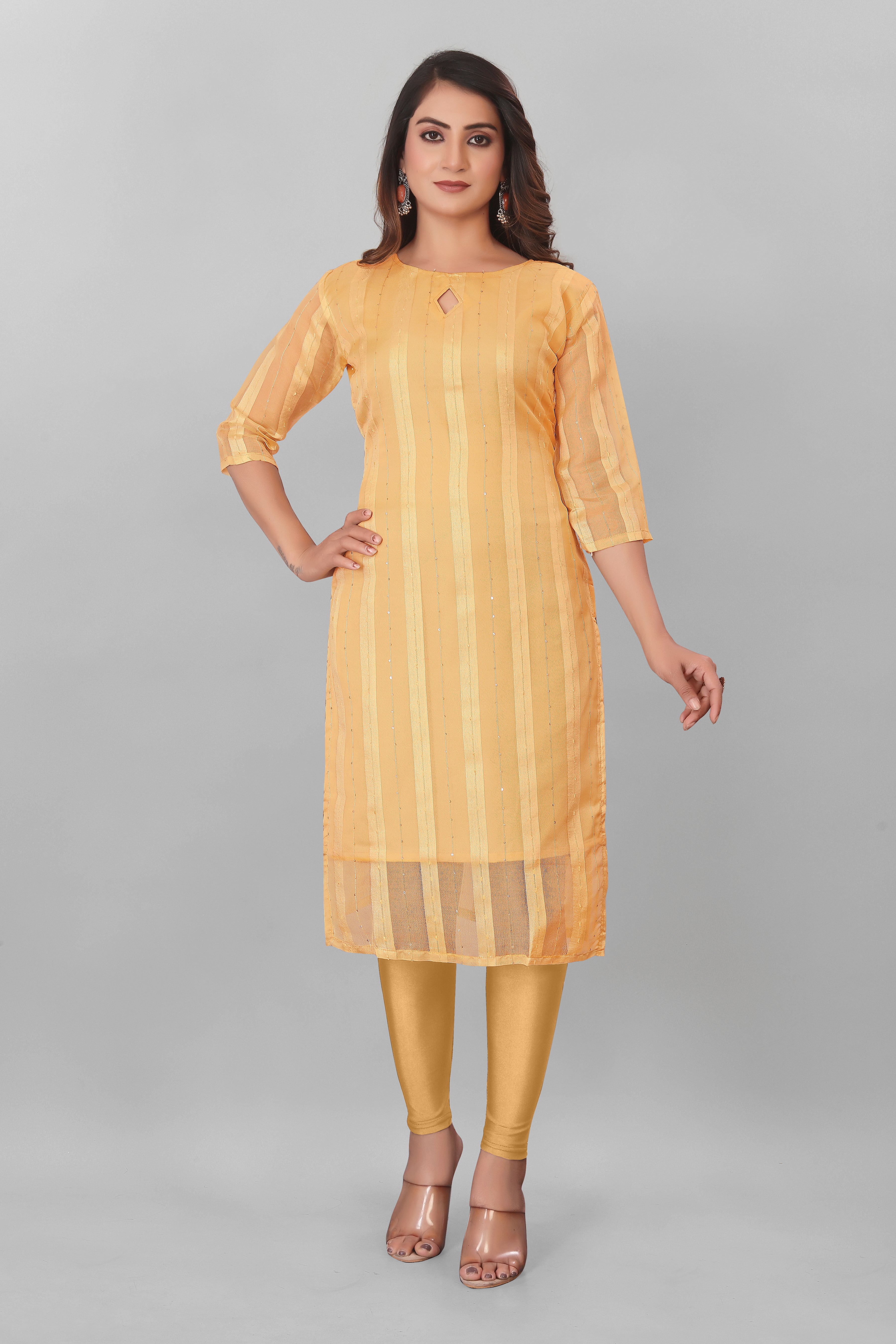 Yellow Striped Boat Neck Organza Kurti