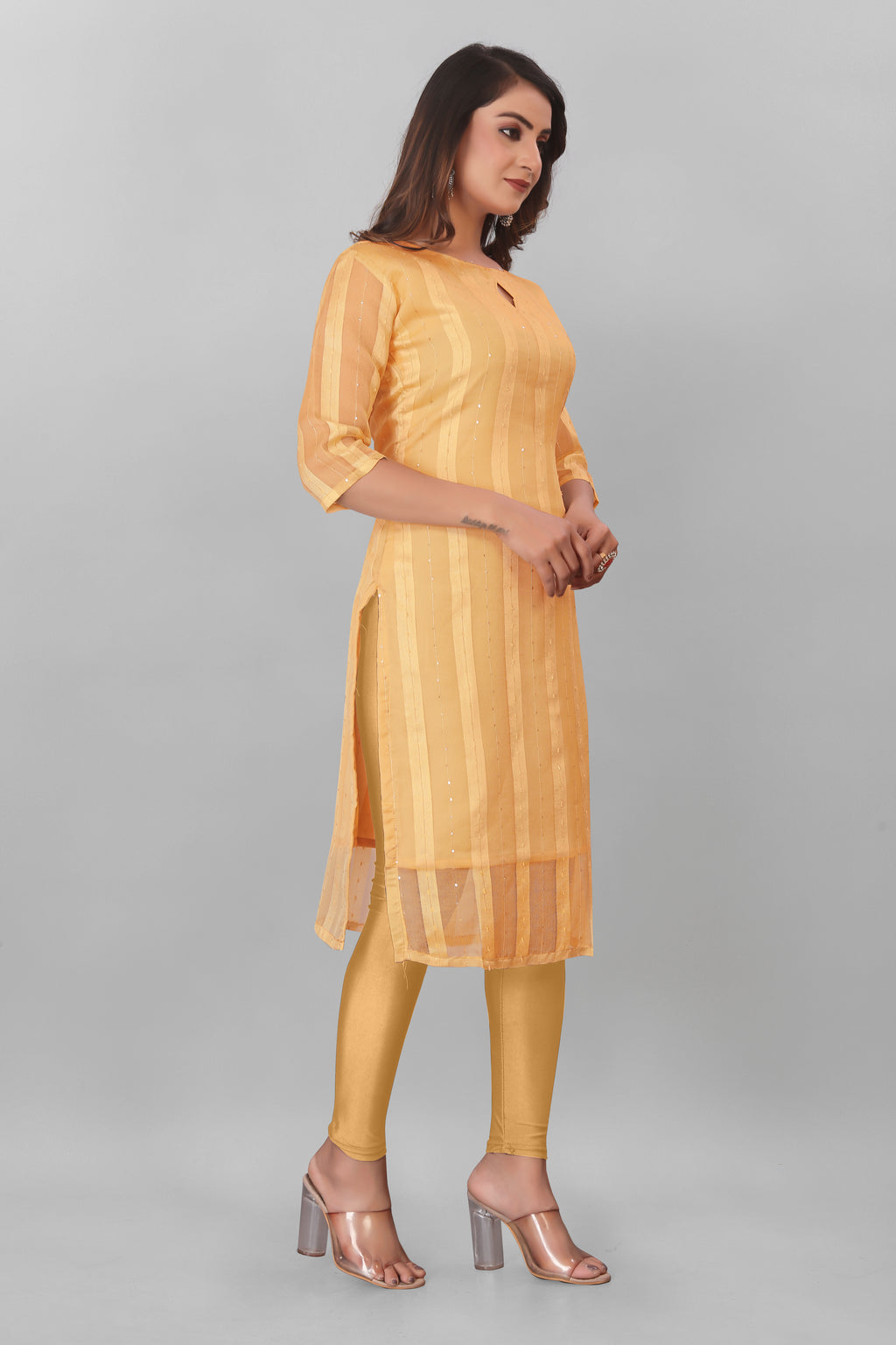 Yellow Striped Boat Neck Organza Kurti