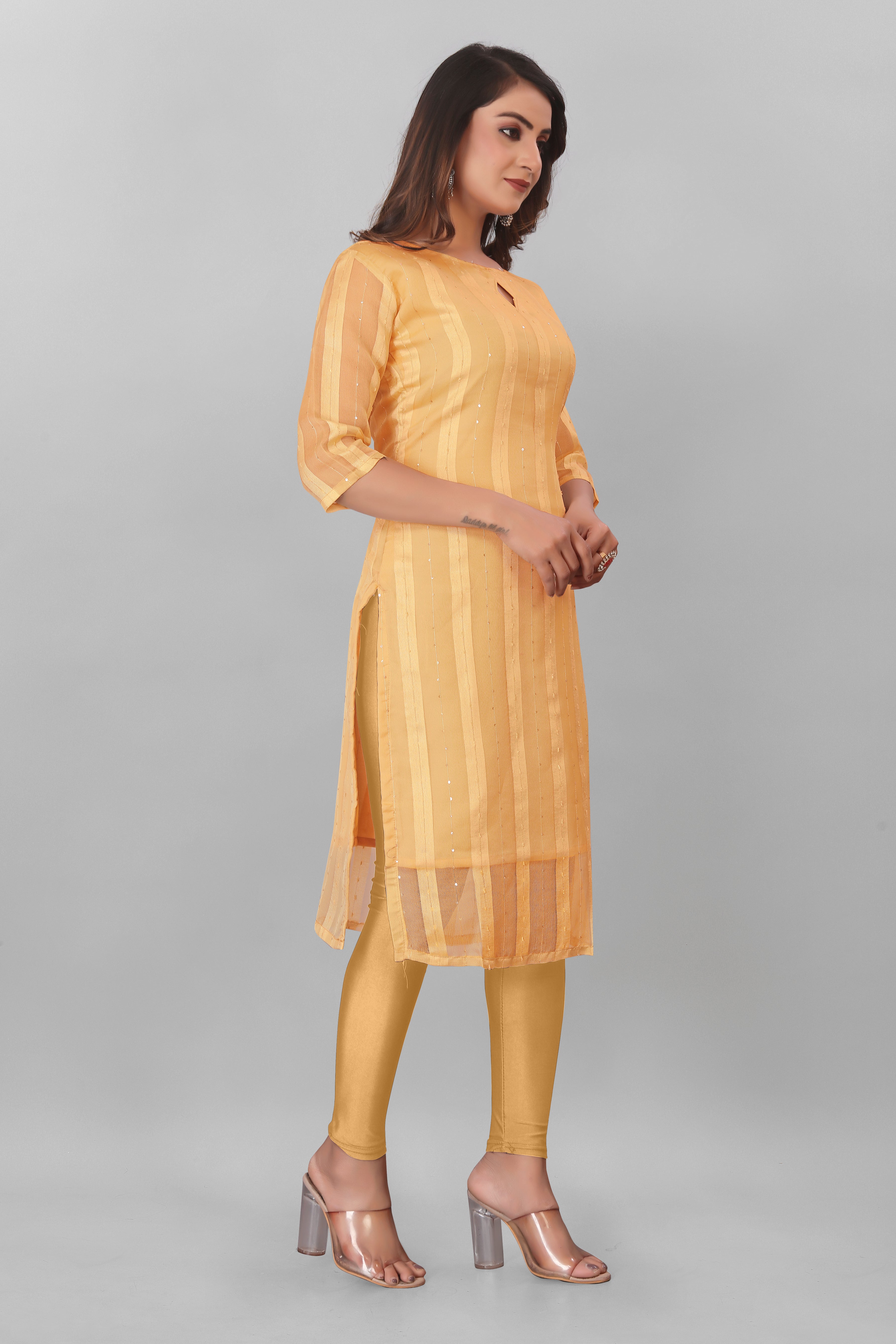Yellow Striped Boat Neck Organza Kurti