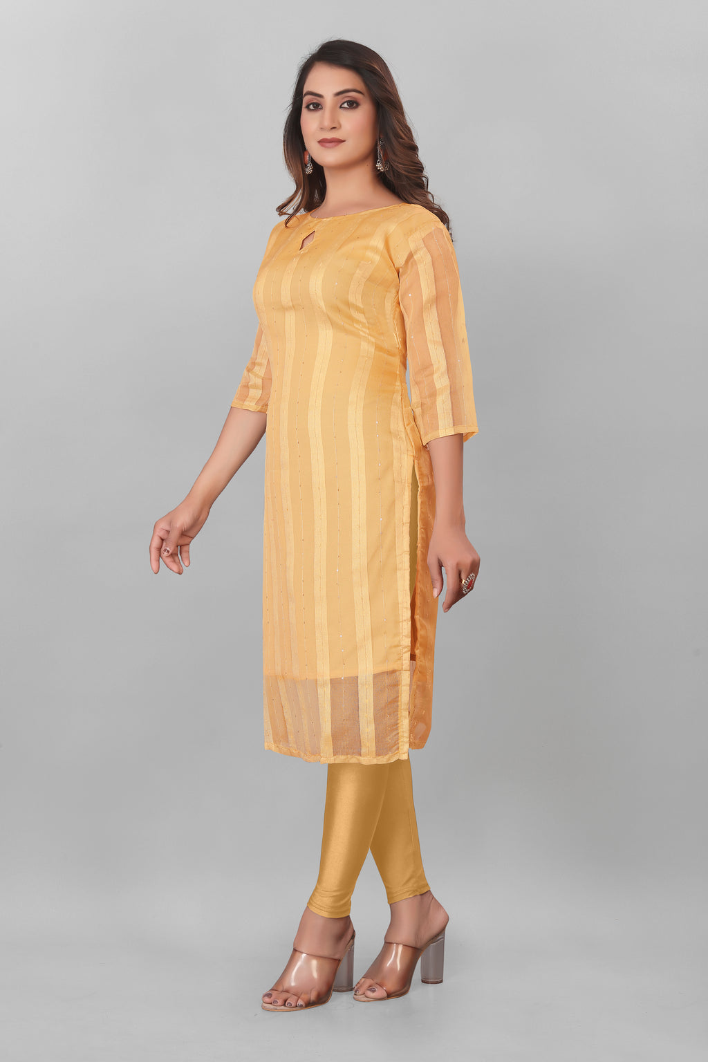 Yellow Striped Boat Neck Organza Kurti