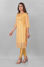 Yellow Striped Boat Neck Organza Kurti