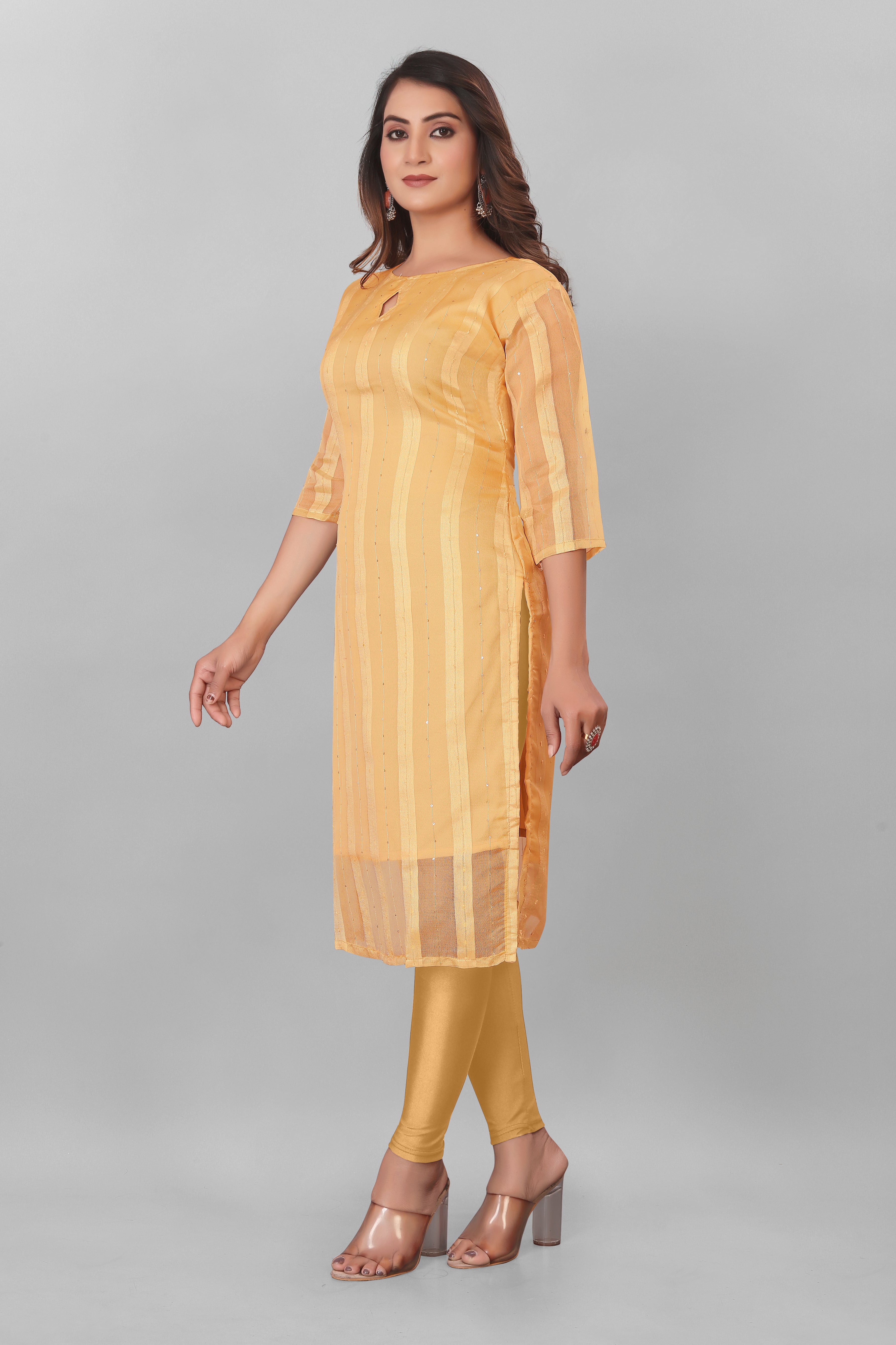 Yellow Striped Boat Neck Organza Kurti