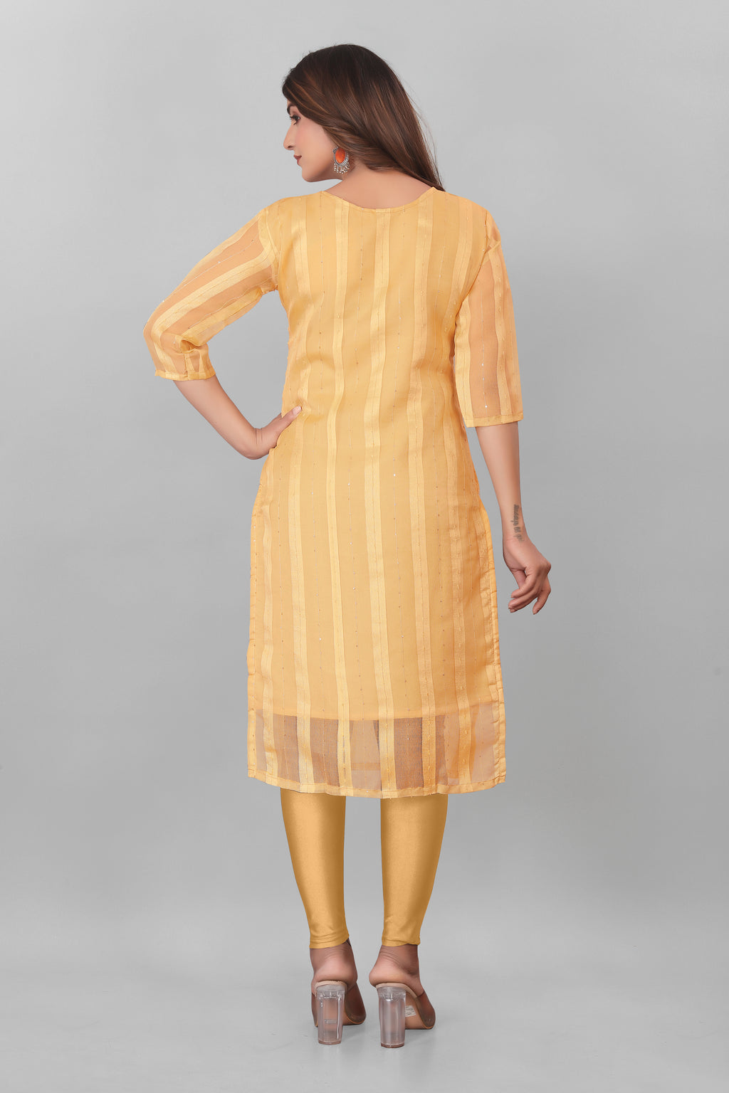 Yellow Striped Boat Neck Organza Kurti