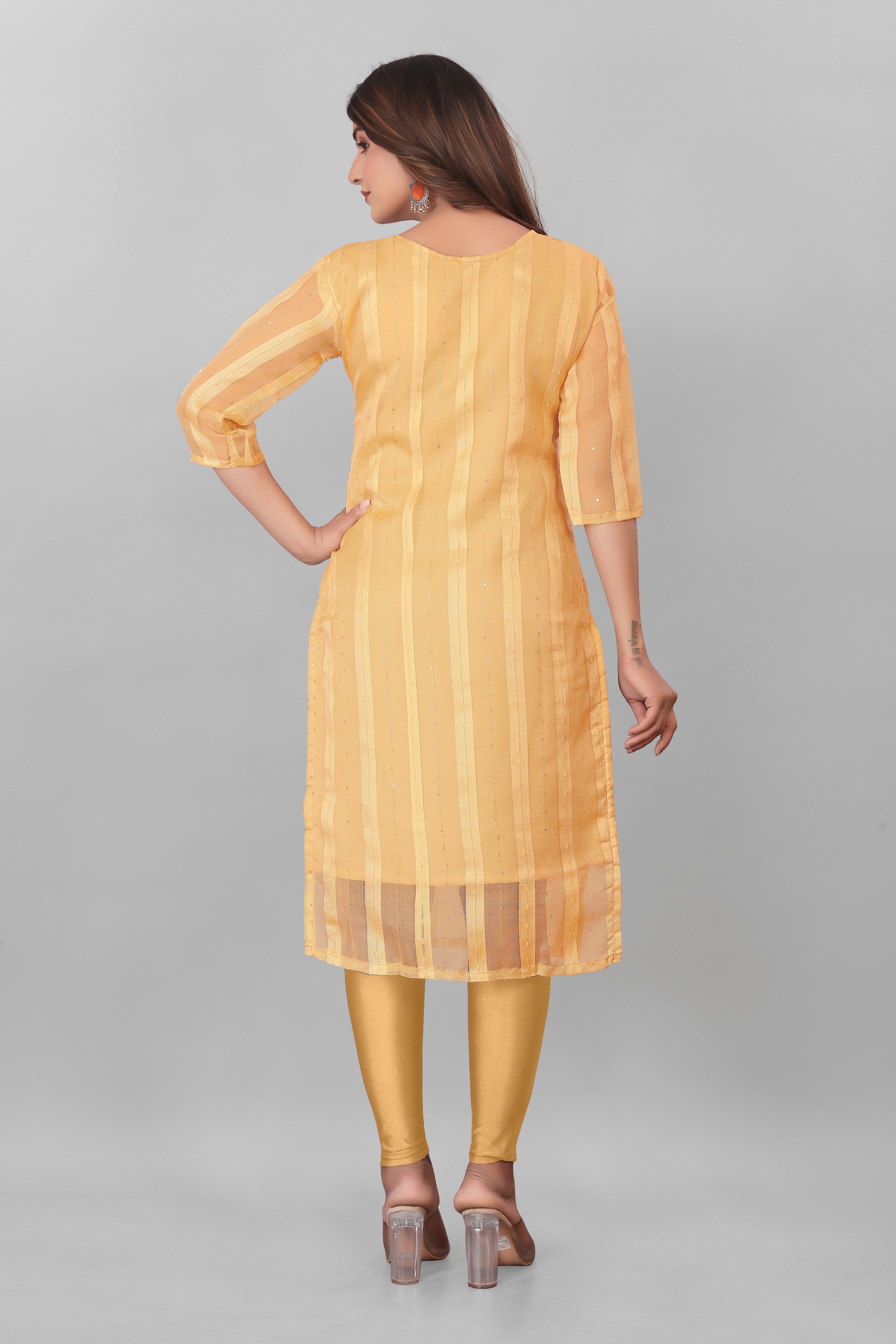 Yellow Striped Boat Neck Organza Kurti