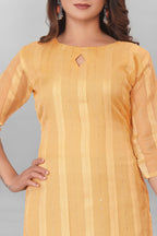 Yellow Striped Boat Neck Organza Kurti