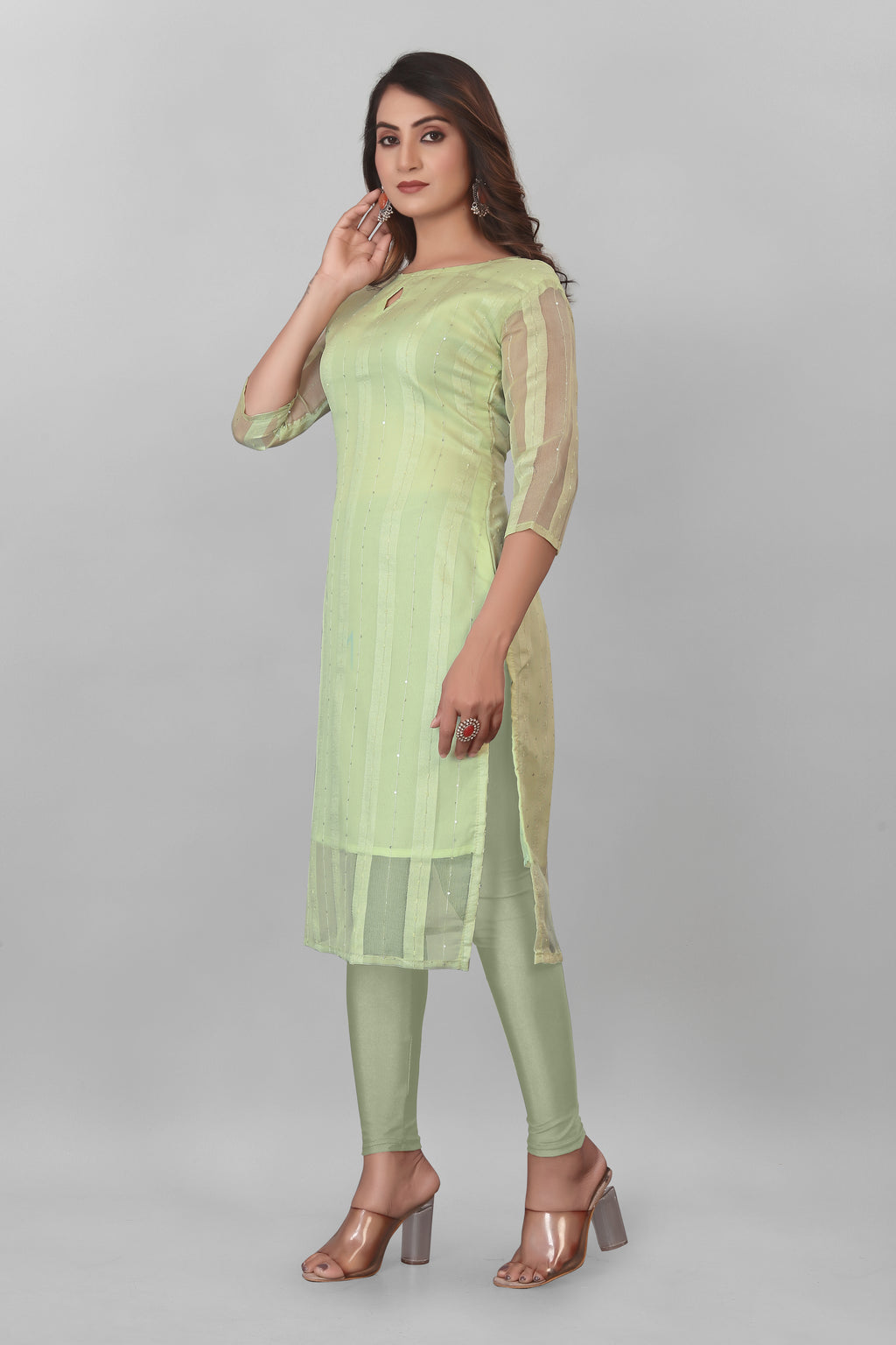 Women's Organza Kurta with Keyhole Neck Half Puff Sleeves