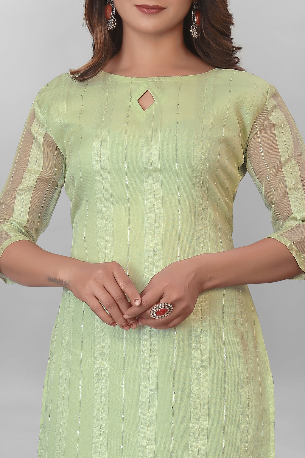 Women's Organza Kurta with Keyhole Neck Half Puff Sleeves