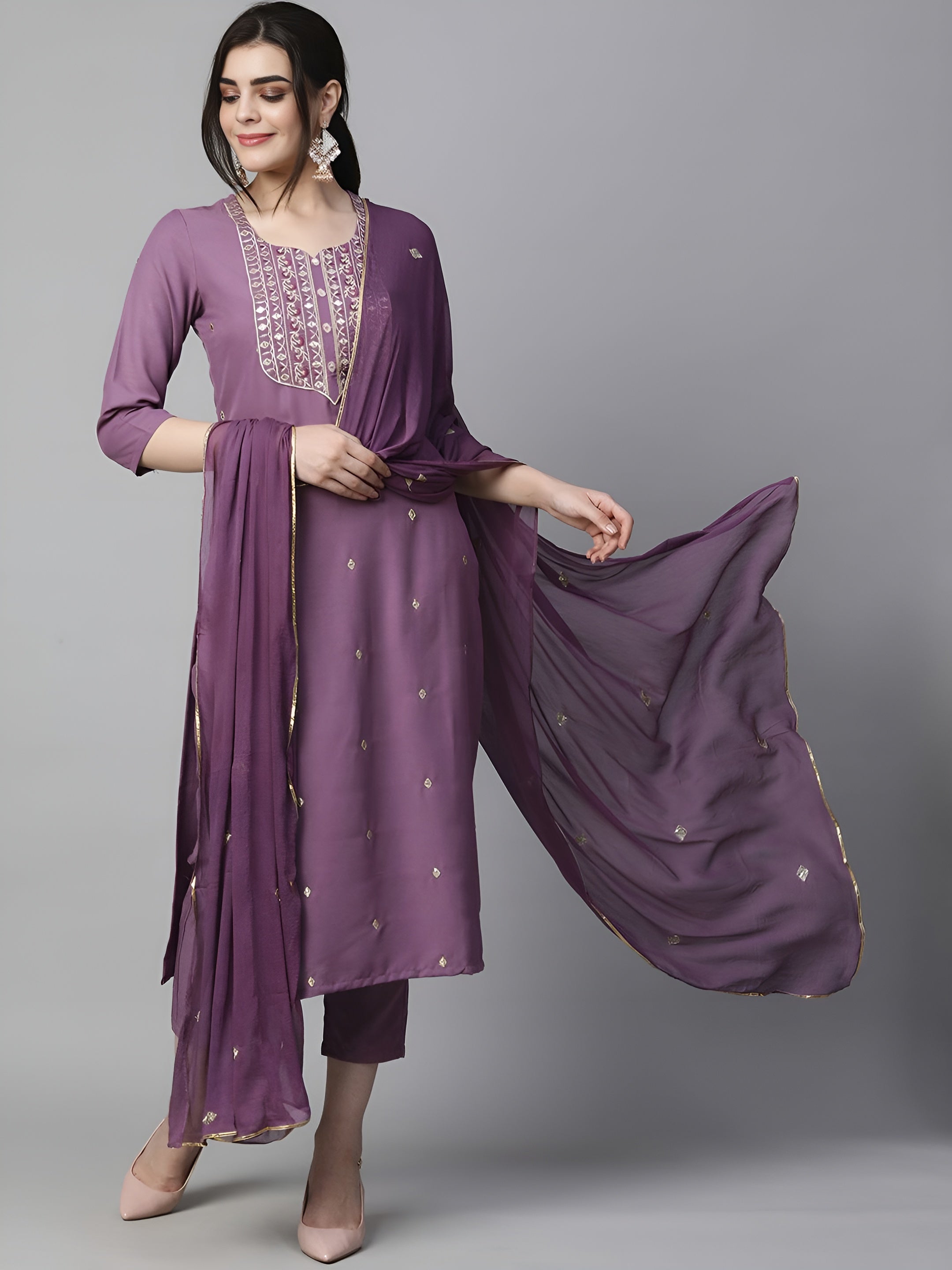 Ethnic Motifs Embroidered Kurta & Trousers With Dupatta