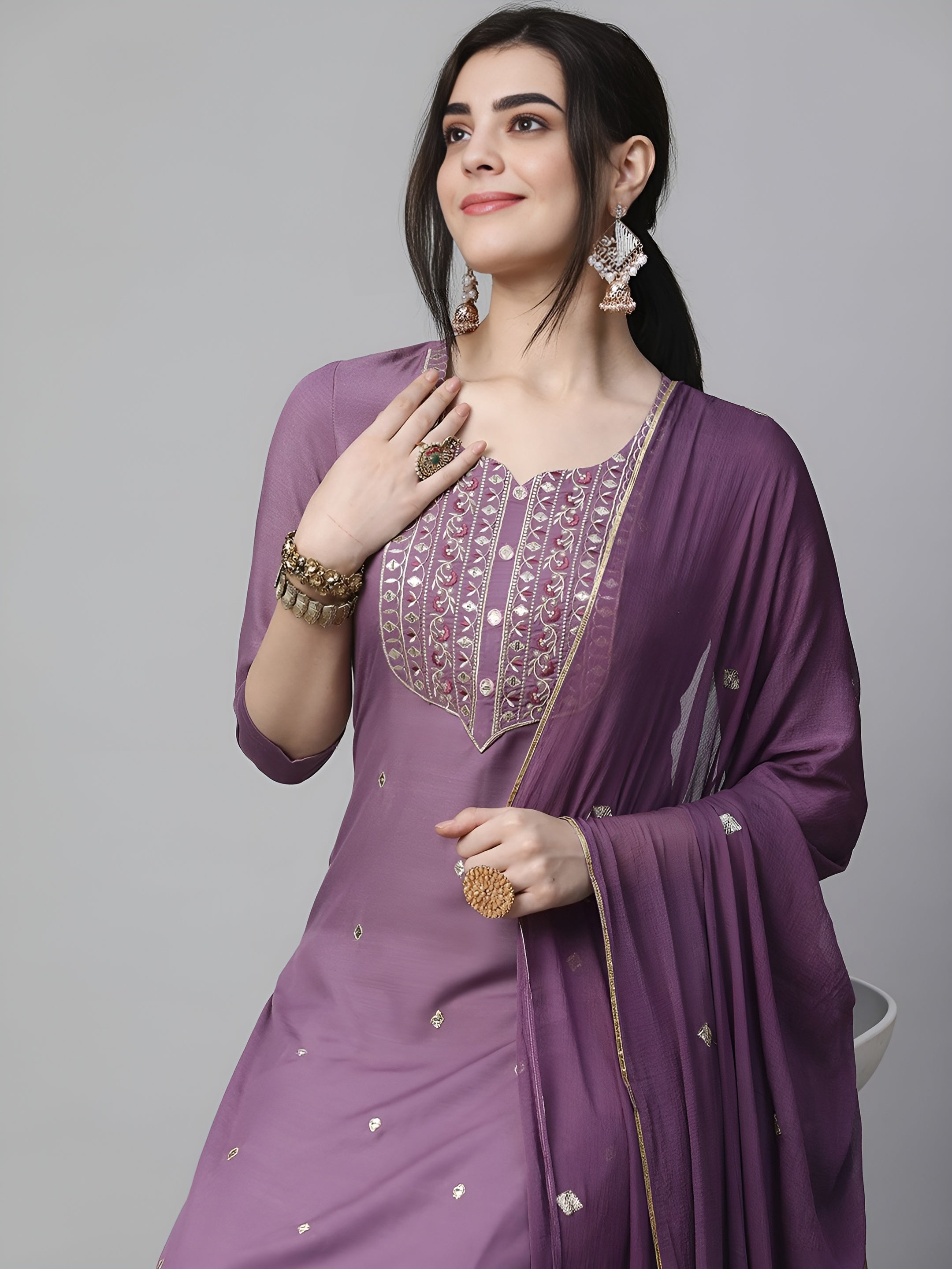 Ethnic Motifs Embroidered Kurta & Trousers With Dupatta