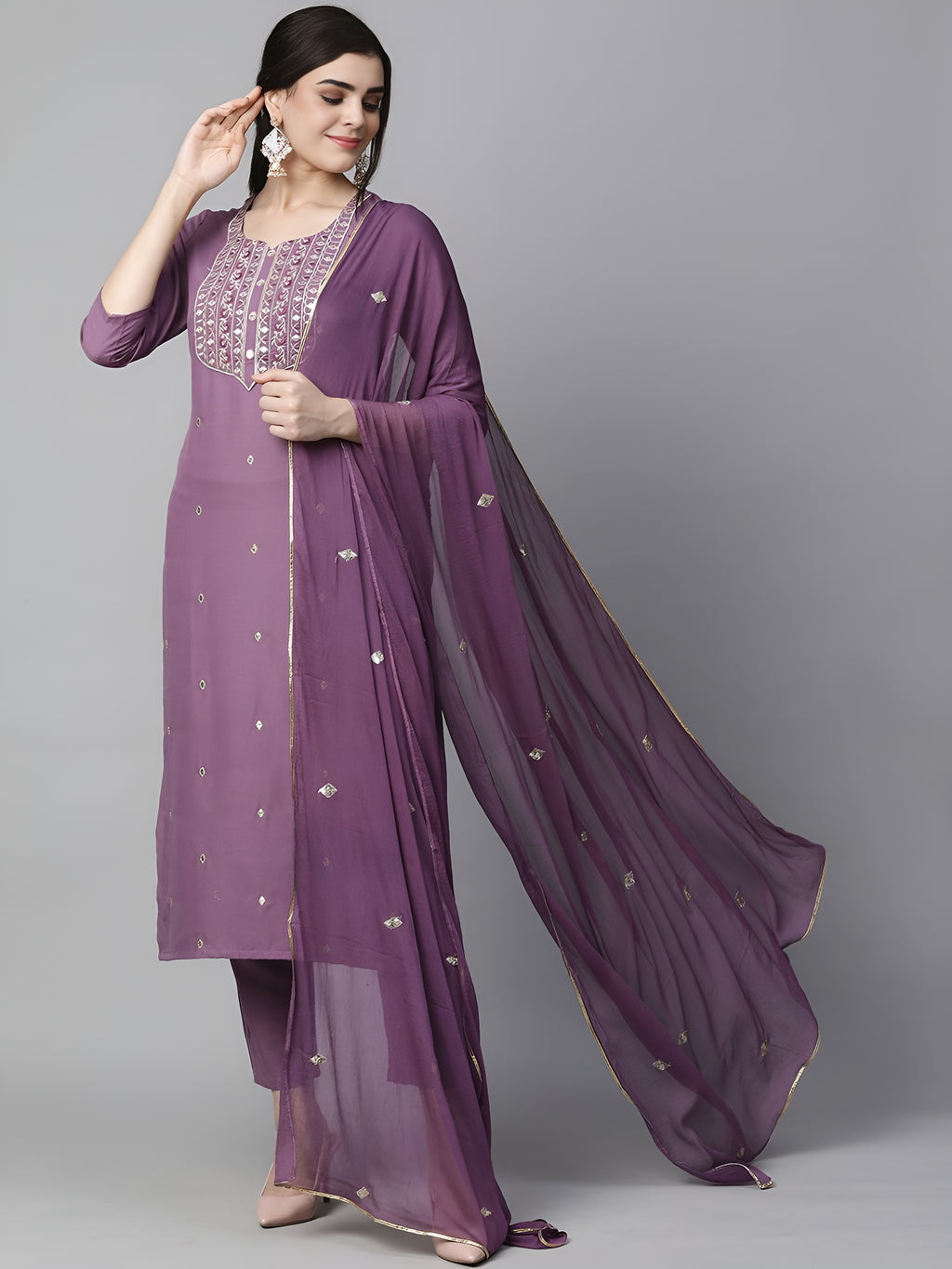 Ethnic Motifs Embroidered Kurta & Trousers With Dupatta