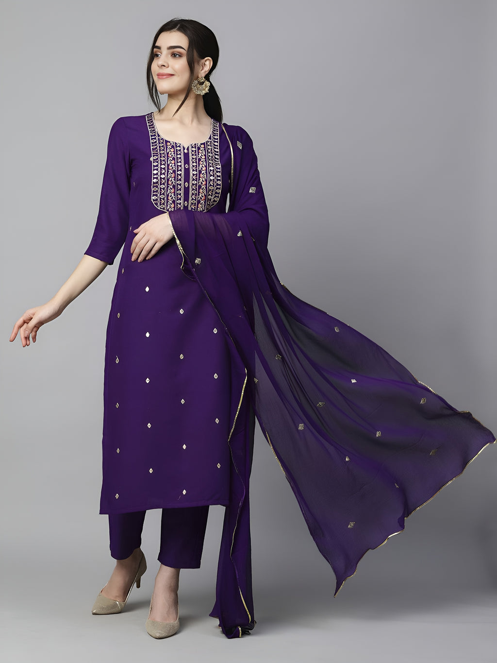 Ethnic Motifs Embroidered Kurta & Trousers With Dupatta