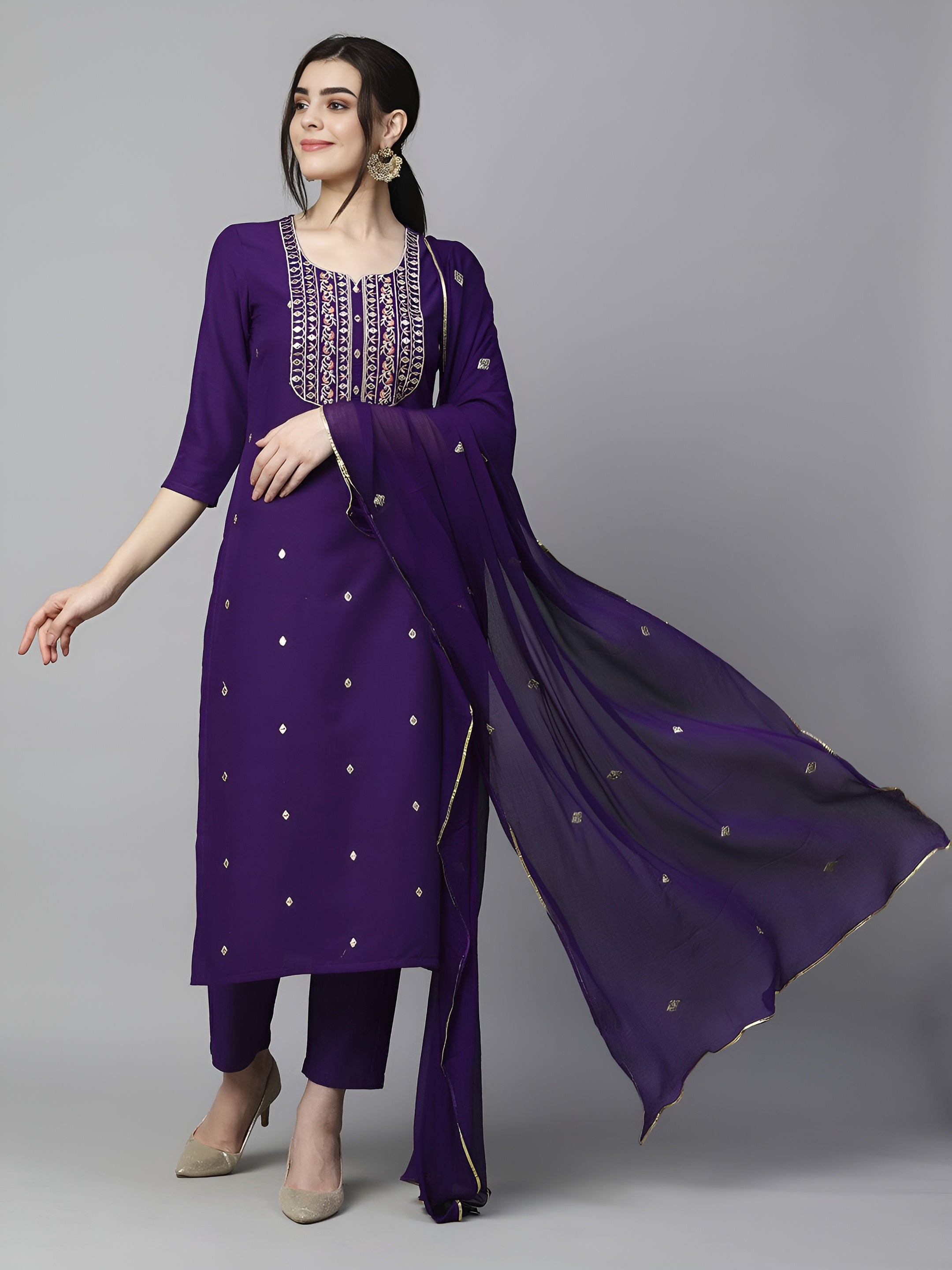 Ethnic Motifs Embroidered Kurta & Trousers With Dupatta