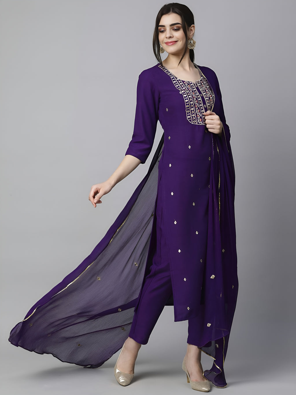 Ethnic Motifs Embroidered Kurta & Trousers With Dupatta