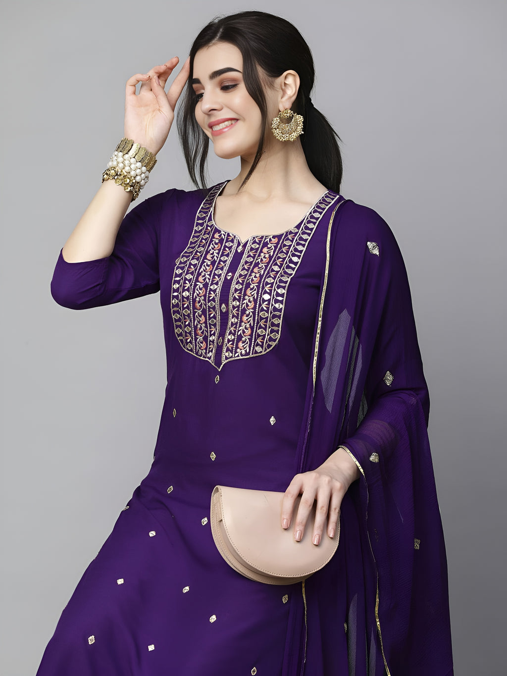 Ethnic Motifs Embroidered Kurta & Trousers With Dupatta