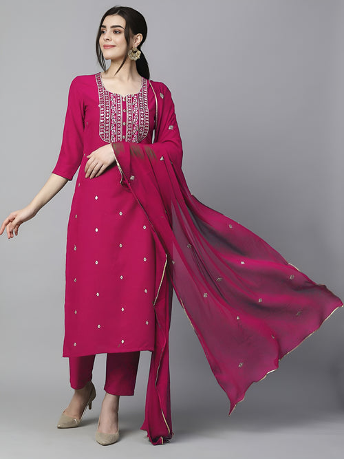 Ethnic Motifs Embroidered Kurta & Trousers With Dupatta