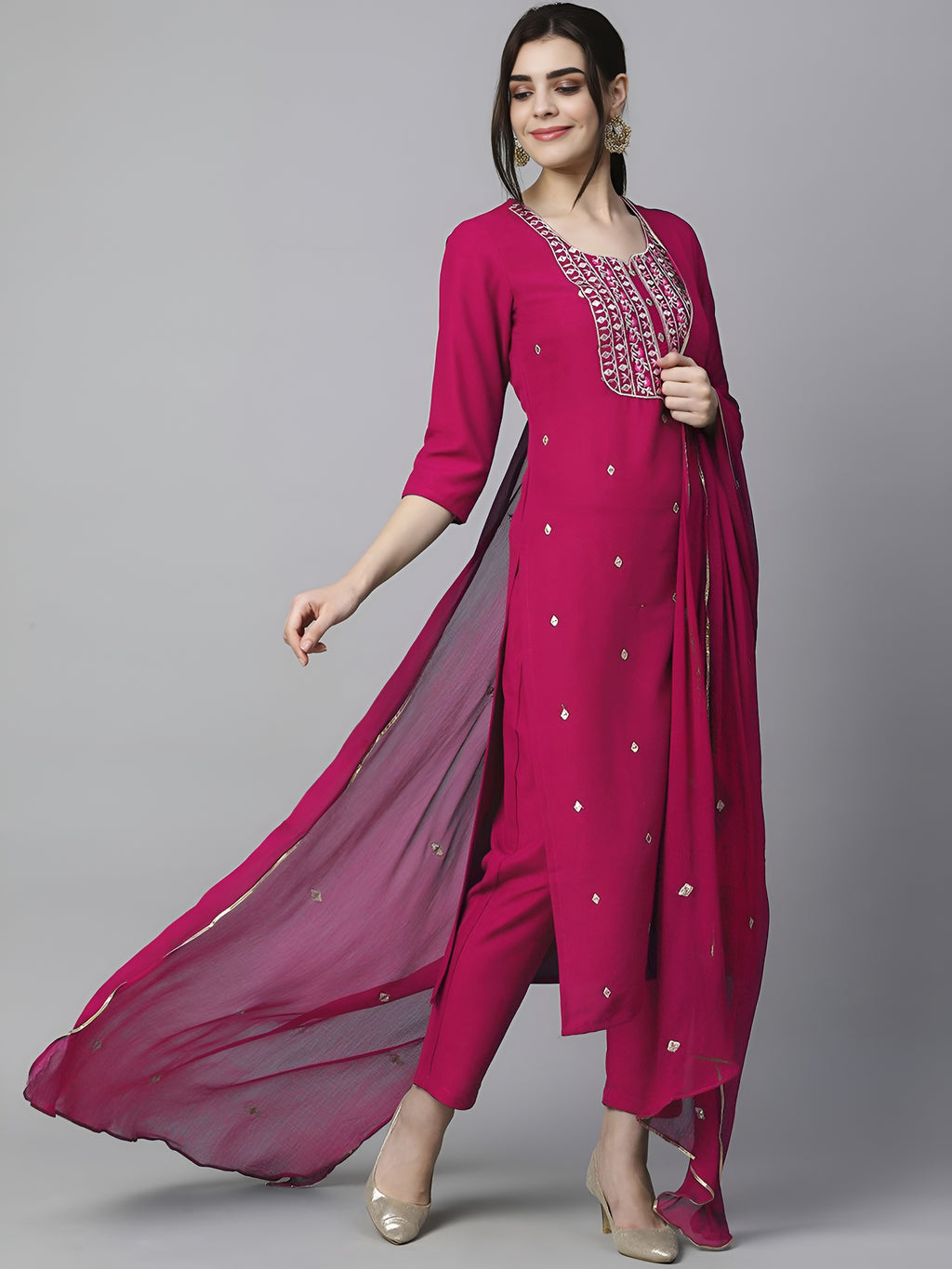 Ethnic Motifs Embroidered Kurta & Trousers With Dupatta