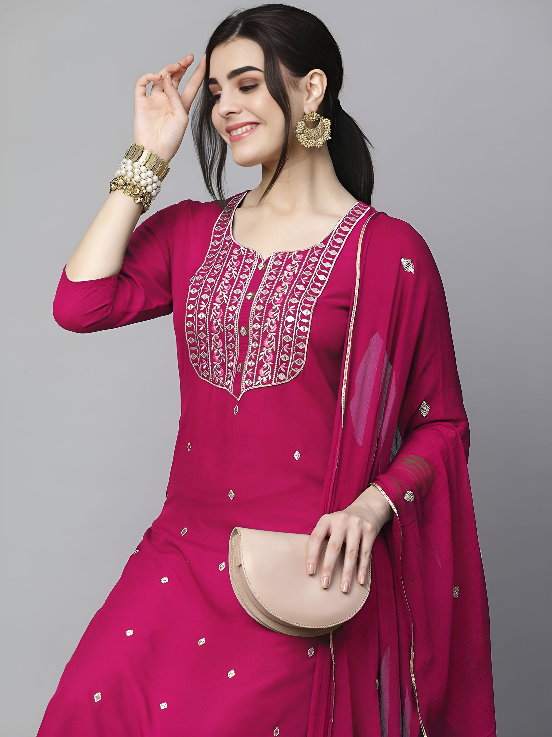 Ethnic Motifs Embroidered Kurta & Trousers With Dupatta