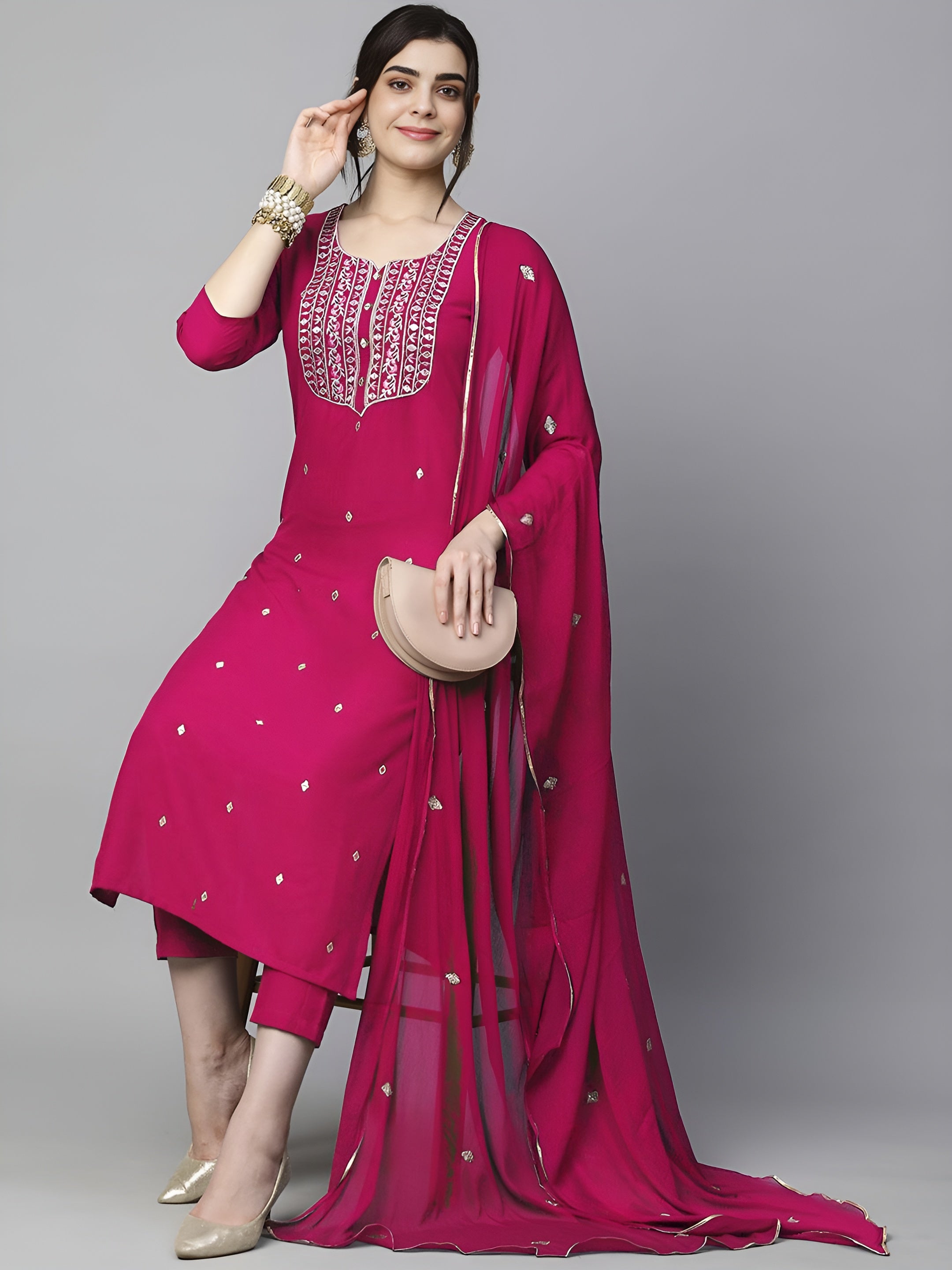 Ethnic Motifs Embroidered Kurta & Trousers With Dupatta