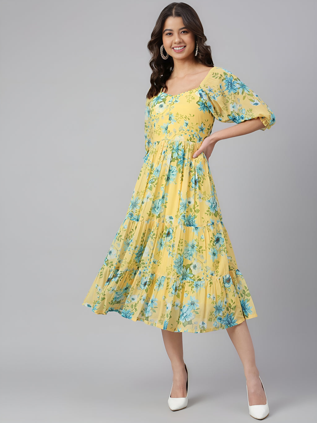 Women Yellow Georgette Floral Printed Flared Dress