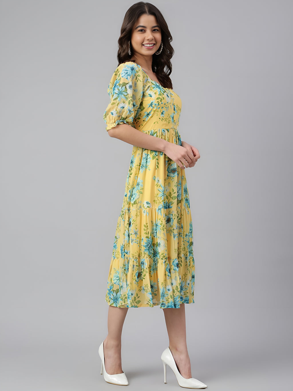 Women Yellow Georgette Floral Printed Flared Dress