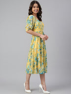 Women Yellow Georgette Floral Printed Flared Dress