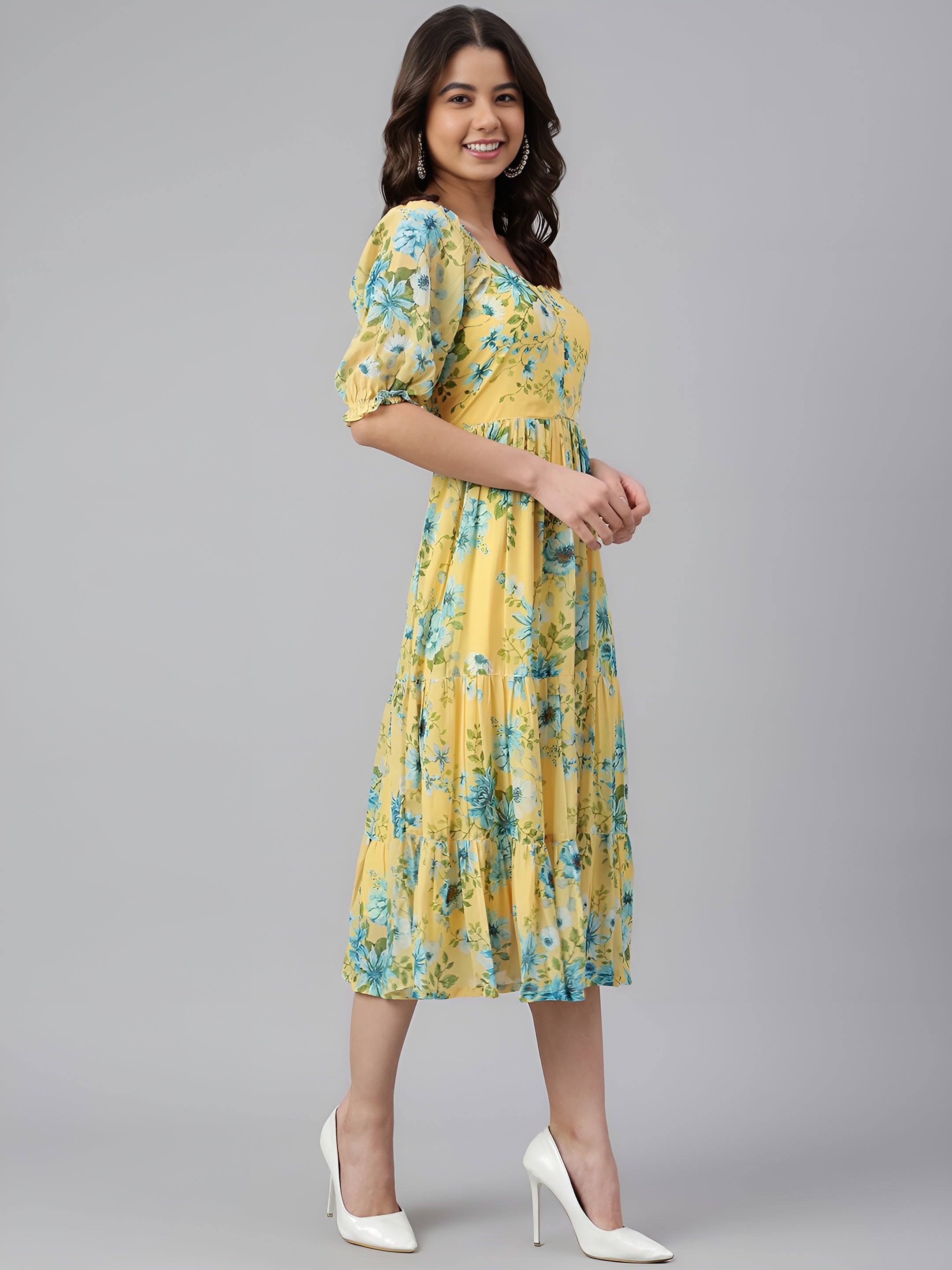 Women Yellow Georgette Floral Printed Flared Dress