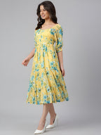 Women Yellow Georgette Floral Printed Flared Dress