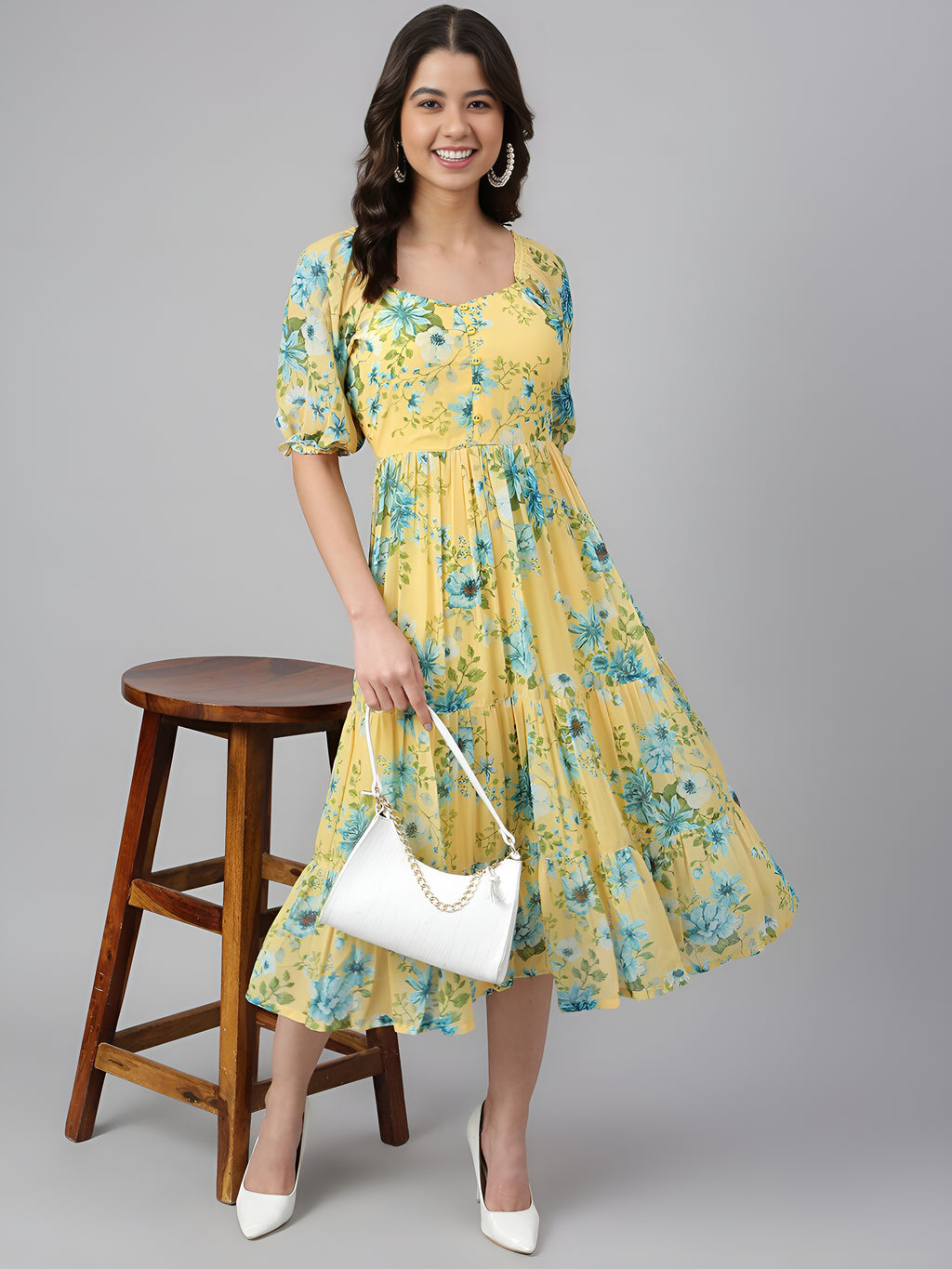 Women Yellow Georgette Floral Printed Flared Dress