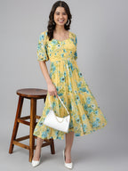 Women Yellow Georgette Floral Printed Flared Dress