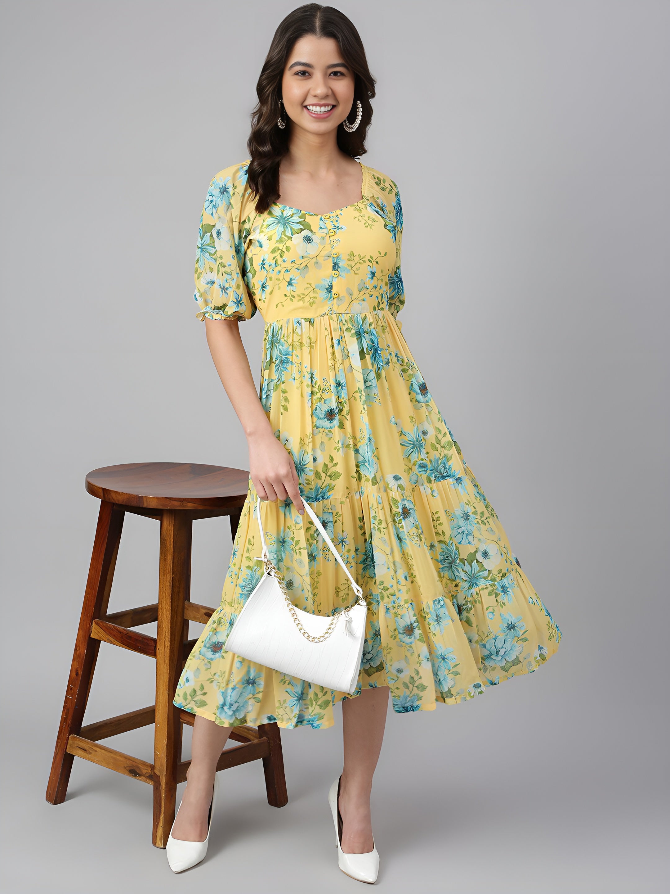 Women Yellow Georgette Floral Printed Flared Dress