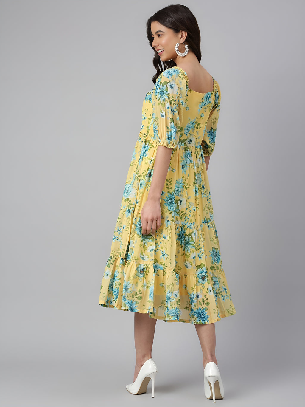 Women Yellow Georgette Floral Printed Flared Dress