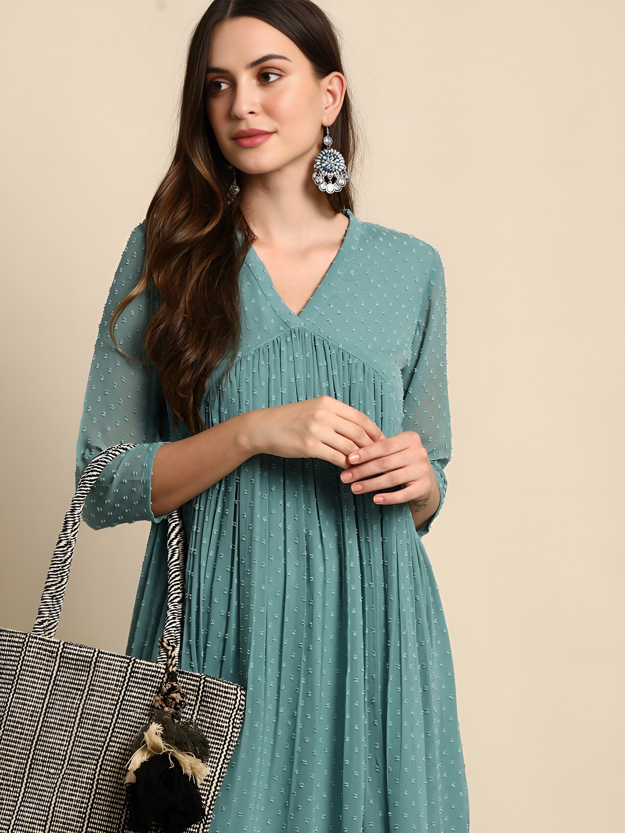 Women Poly Chiffon Self Design Flared Dress