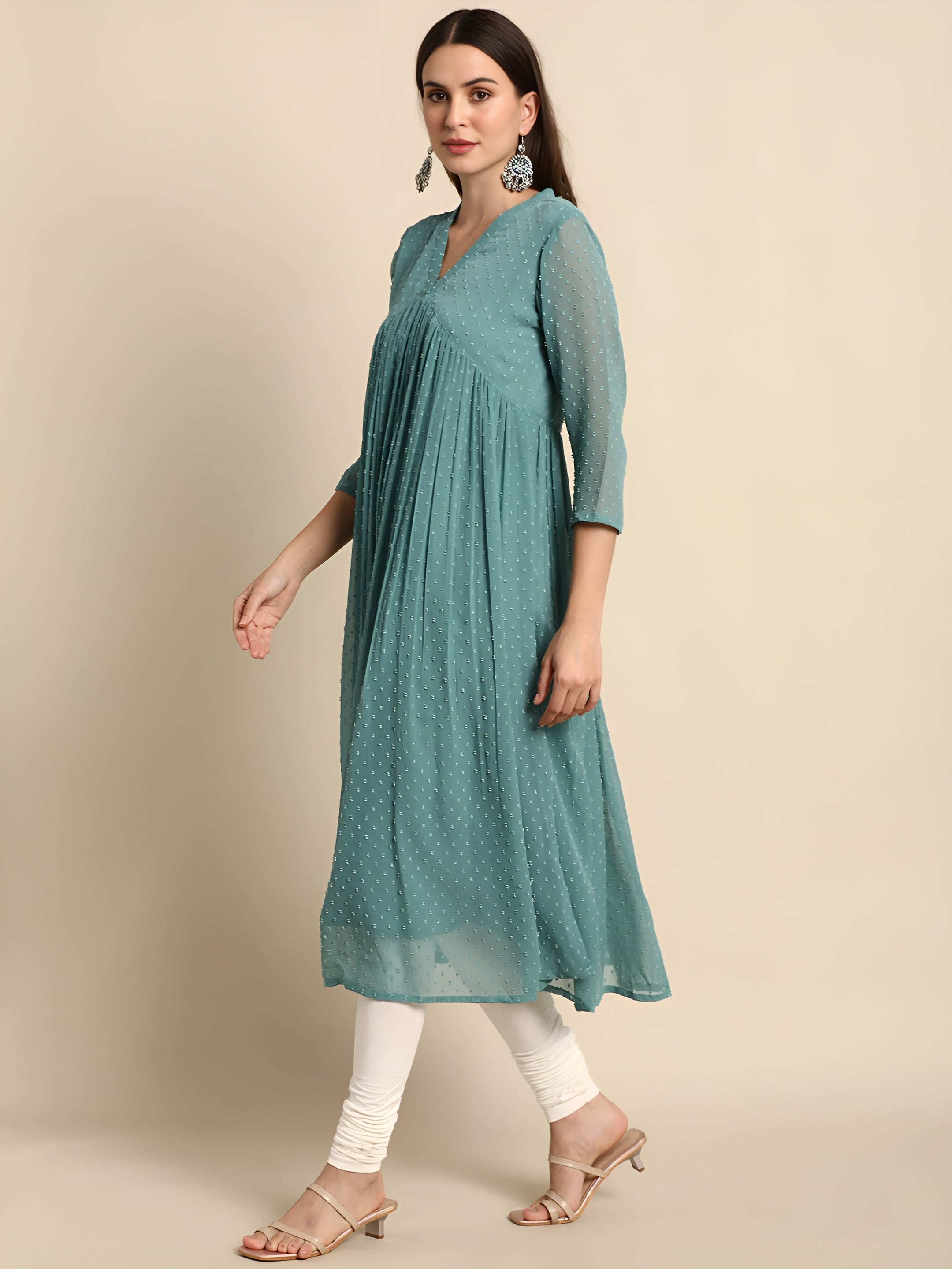 Women Poly Chiffon Self Design Flared Dress