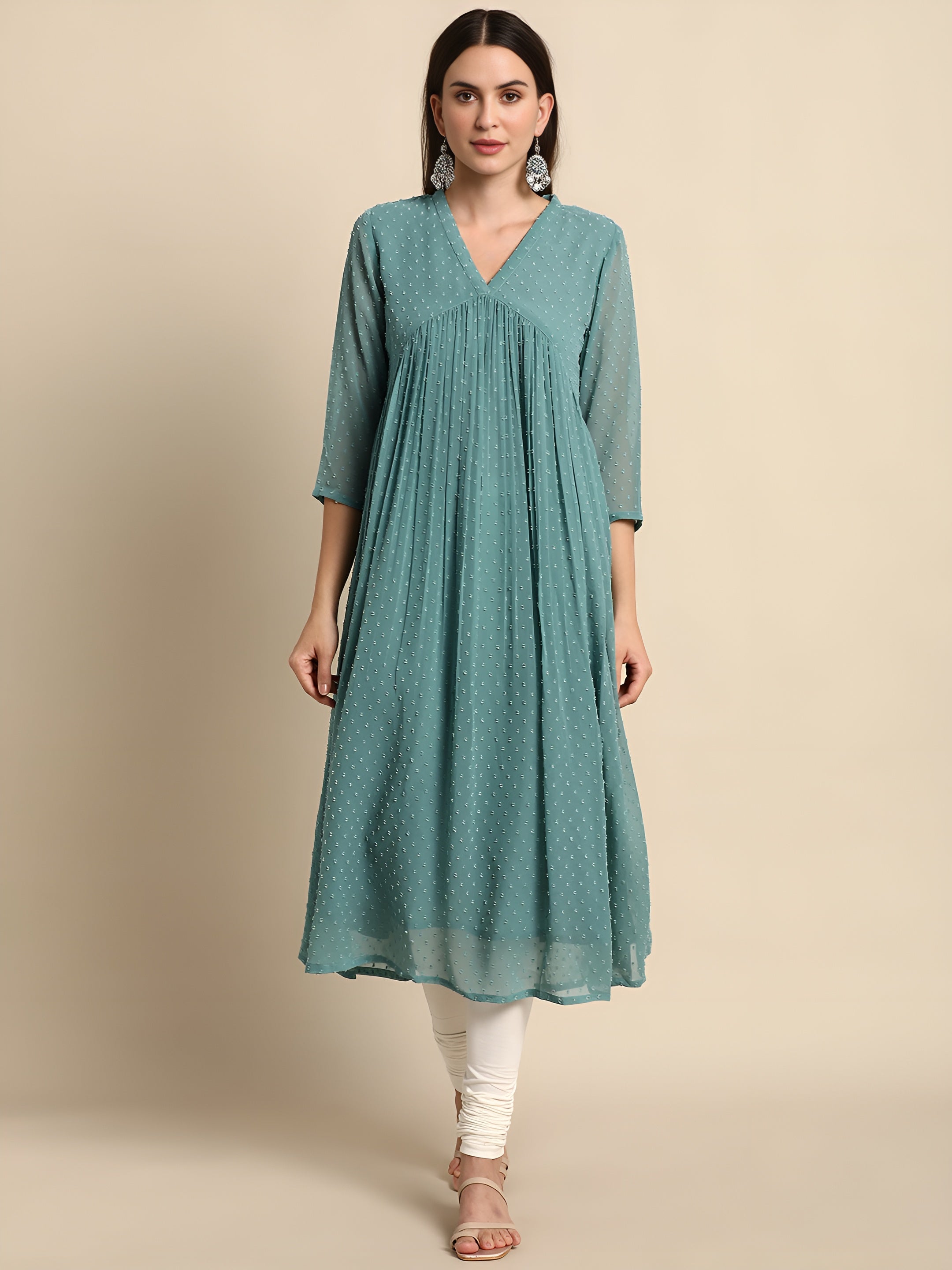 Women Poly Chiffon Self Design Flared Dress
