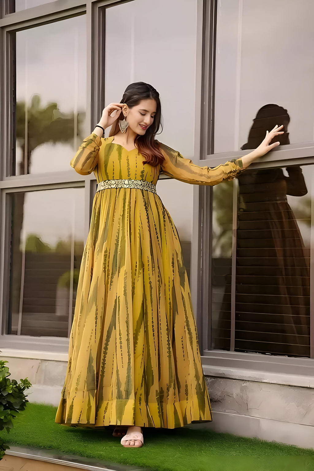 Women Ethnic Dress Yellow, Green Maxi/Full Length Dress