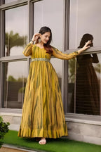 Women Ethnic Dress Yellow, Green Maxi/Full Length Dress