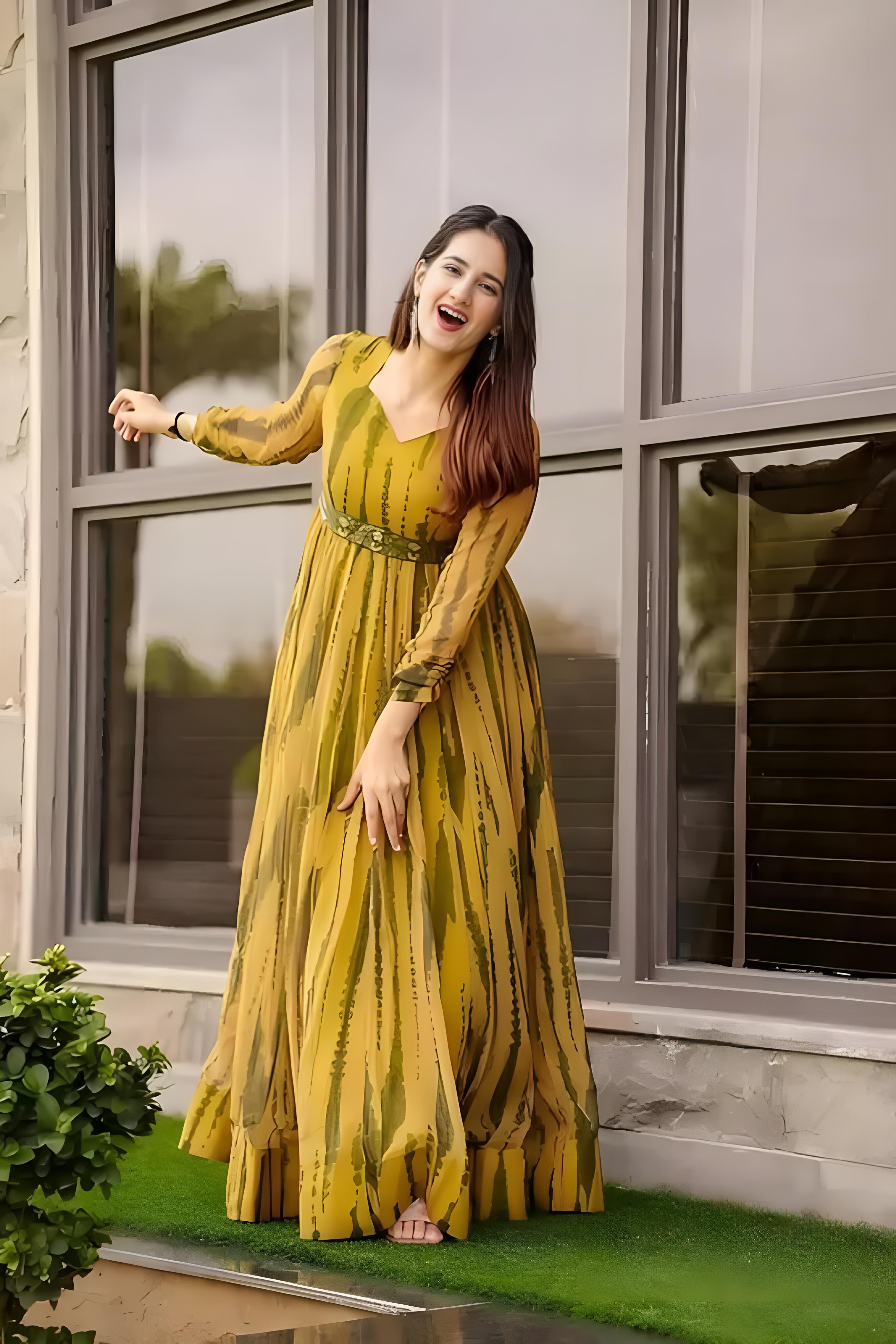 Women Ethnic Dress Yellow, Green Maxi/Full Length Dress