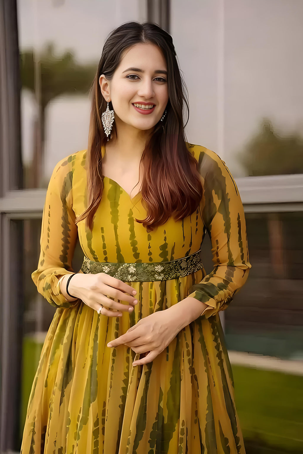Women Ethnic Dress Yellow, Green Maxi/Full Length Dress