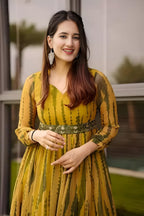 Women Ethnic Dress Yellow, Green Maxi/Full Length Dress