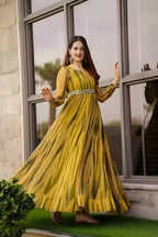 Women Ethnic Dress Yellow, Green Maxi/Full Length Dress