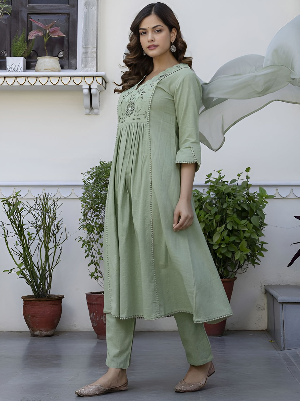 Flora work kurti pant with dupatta