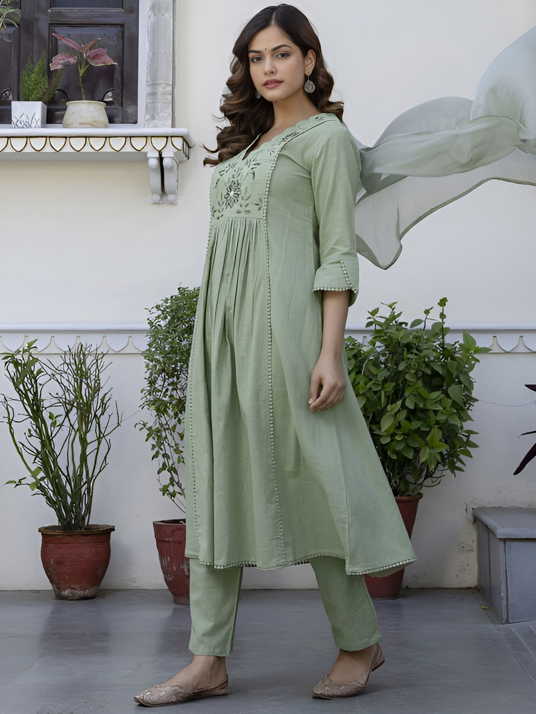 Flora work kurti pant with dupatta