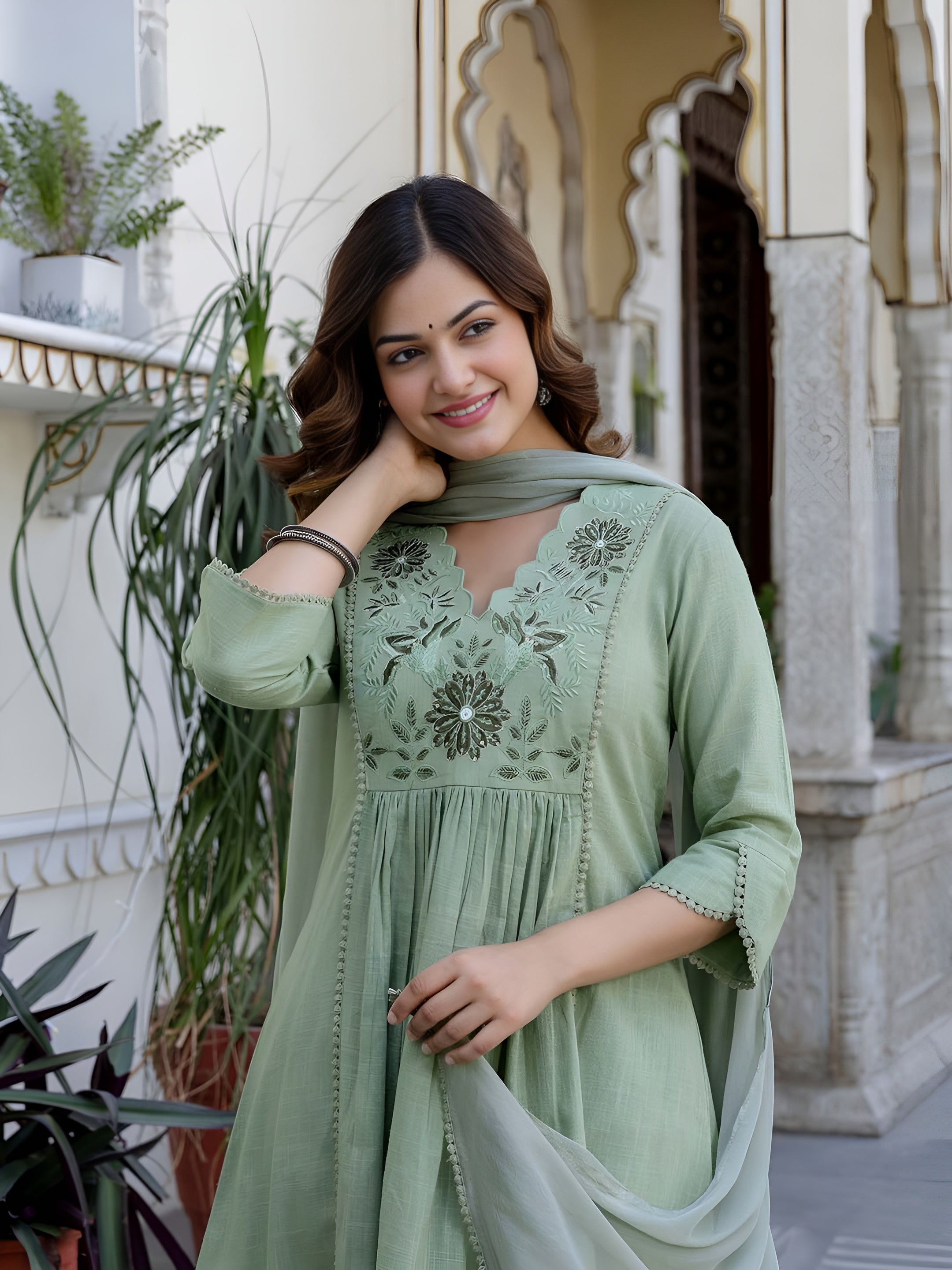Flora work kurti pant with dupatta