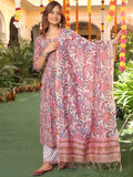 Floral Printed Round Neck Flared Anarkali Kurta With Trousers & Dupatta