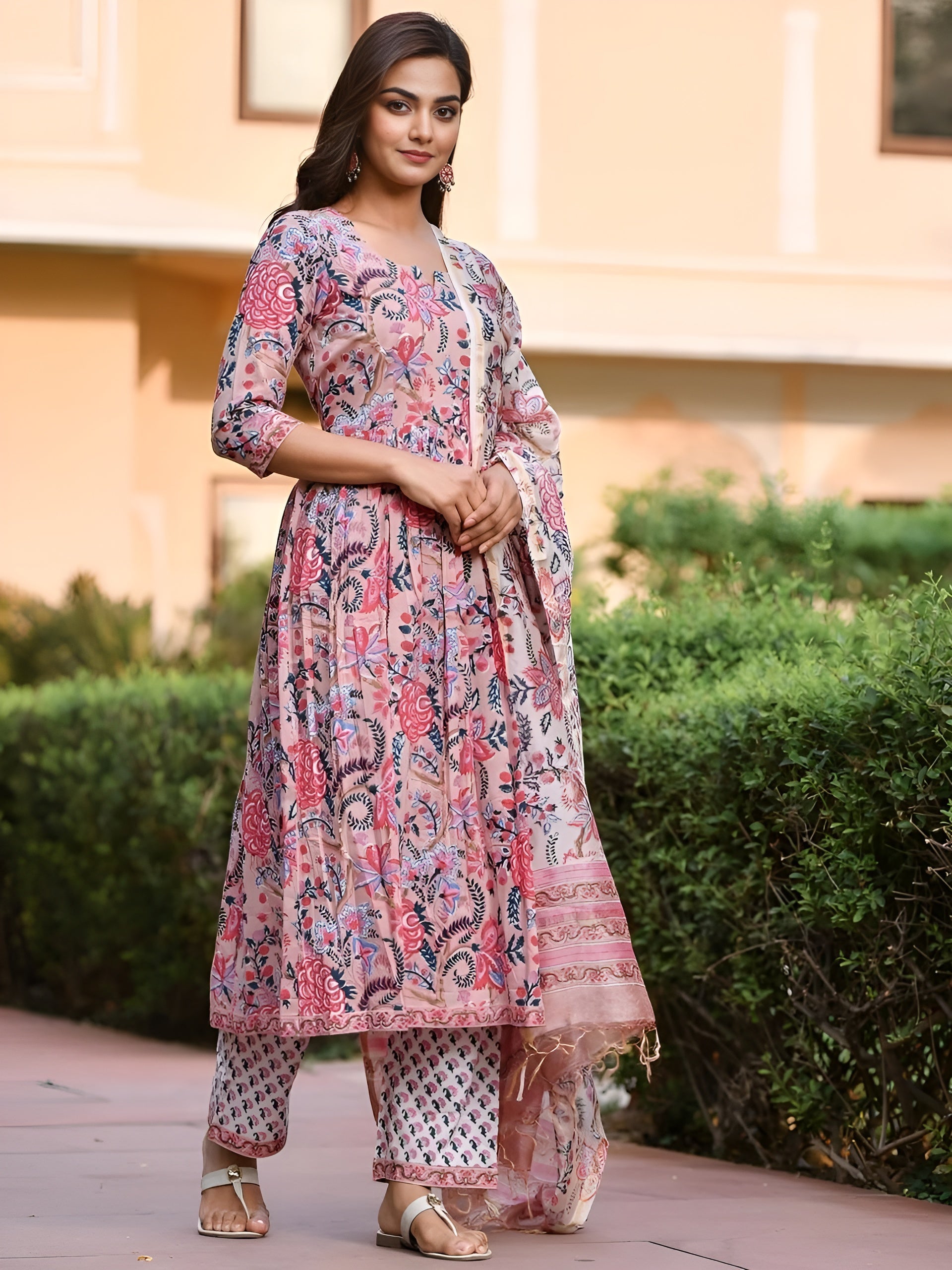 Floral Printed Round Neck Flared Anarkali Kurta With Trousers & Dupatta