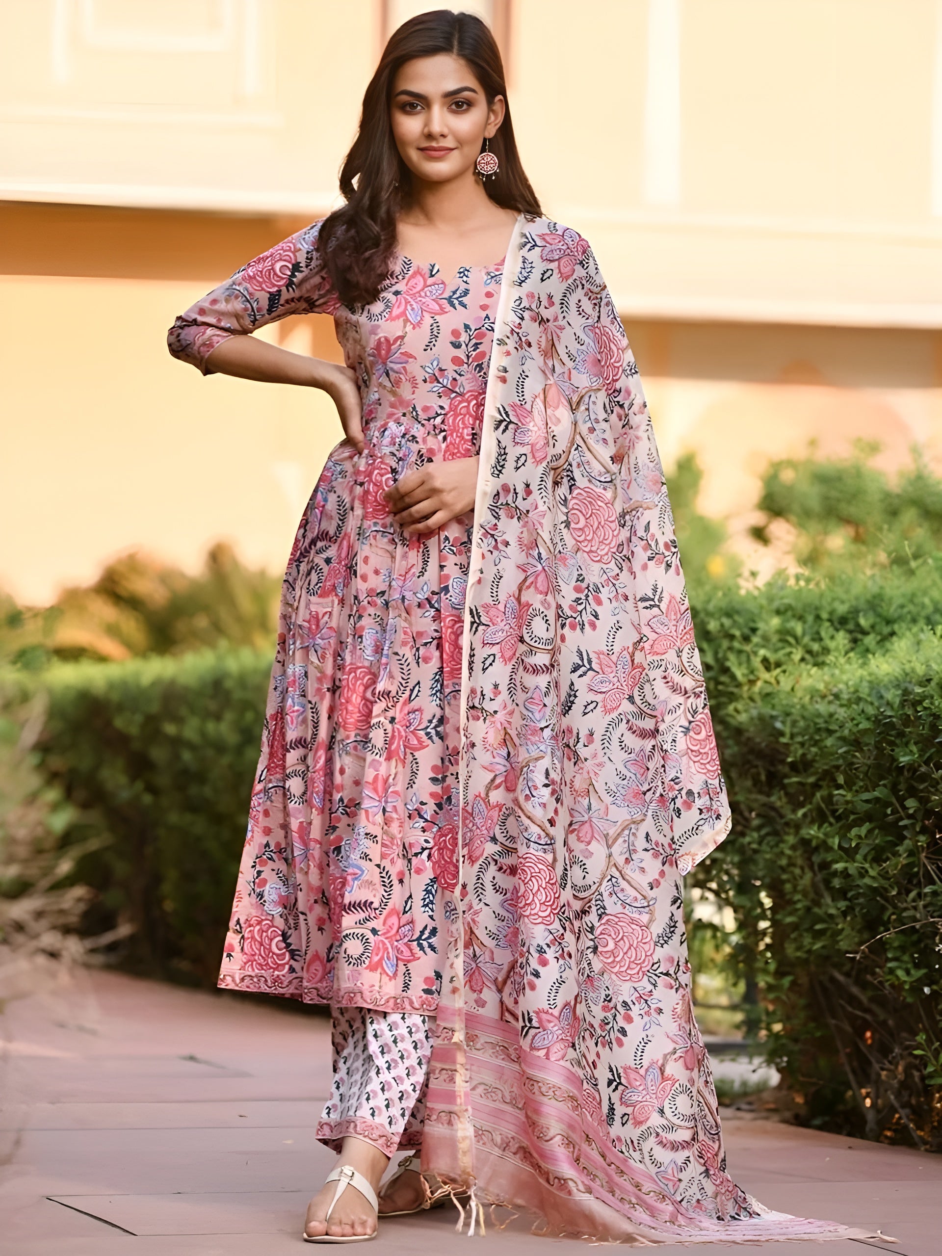 Floral Printed Round Neck Flared Anarkali Kurta With Trousers & Dupatta